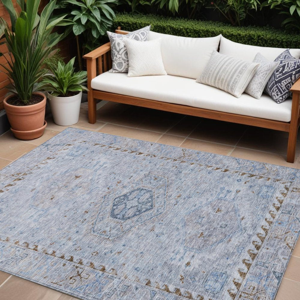 10' X 14' Sky Blue And Brown Medallion Washable Indoor Outdoor Area Rug HomeRoots