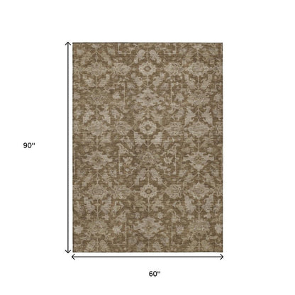 5' X 8' Brown And Beige Floral Washable Indoor Outdoor Area Rug