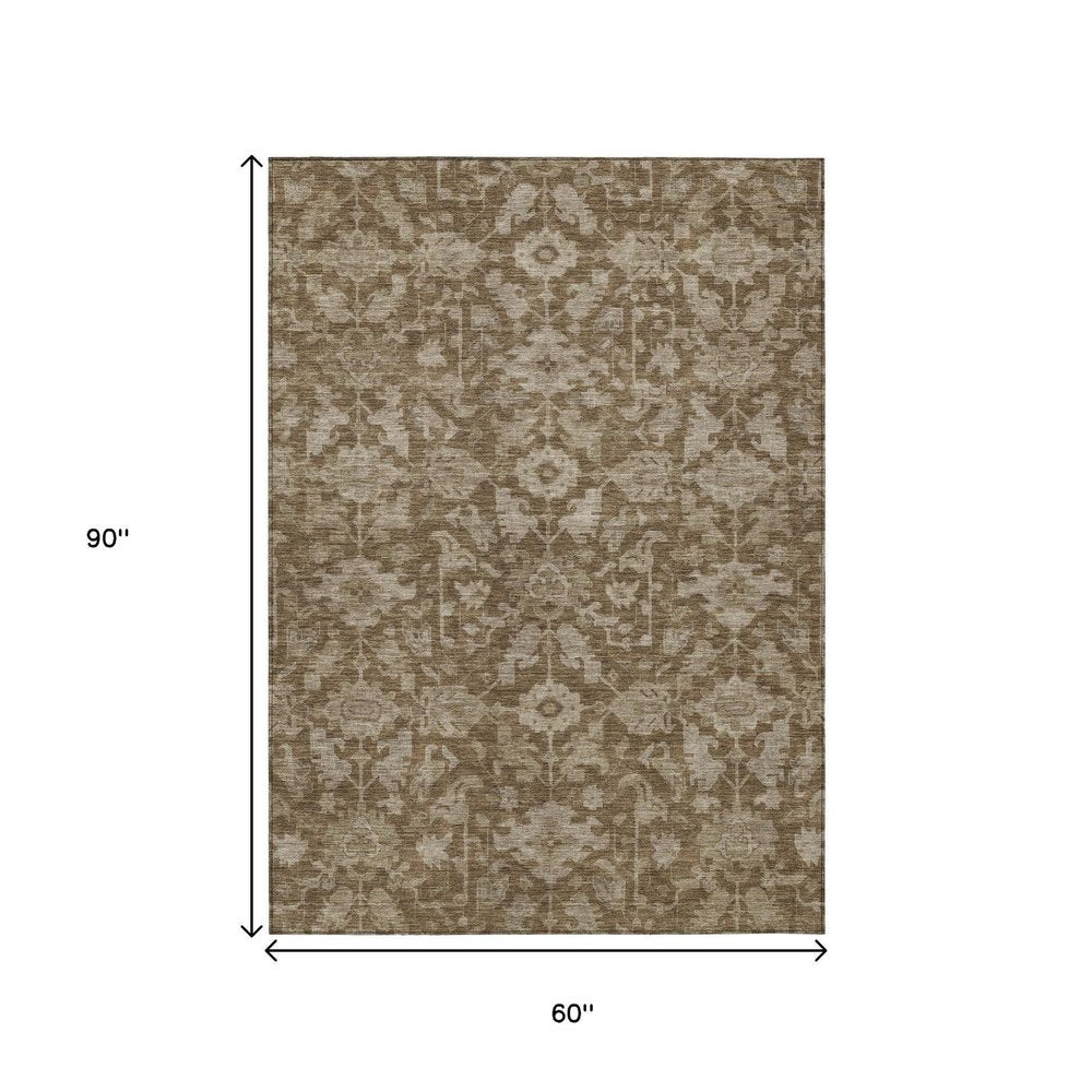 5' X 8' Brown And Beige Floral Washable Indoor Outdoor Area Rug HomeRoots