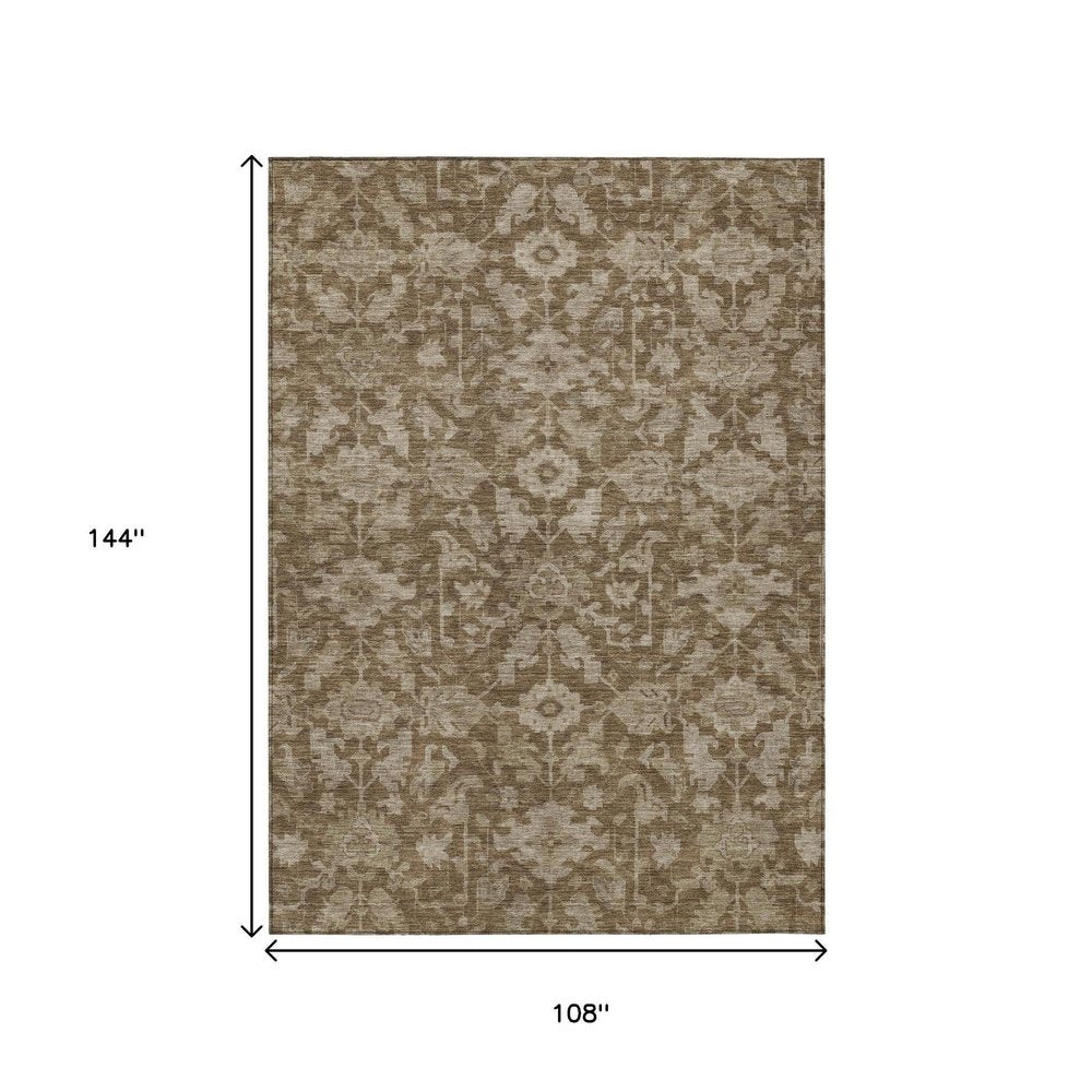 9' X 12' Brown And Beige Floral Washable Indoor Outdoor Area Rug — view 7