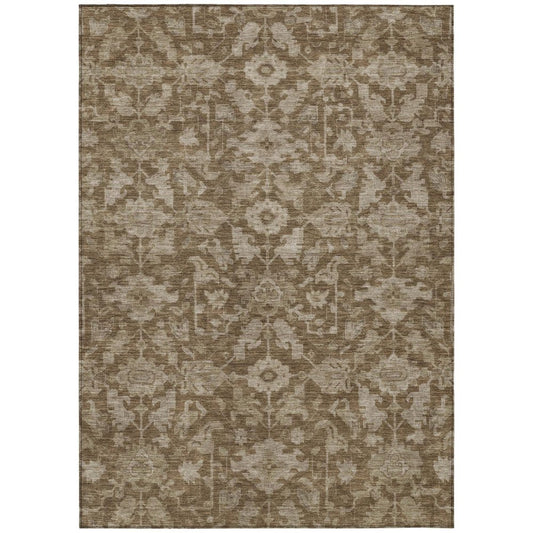 9' X 12' Brown And Beige Floral Washable Indoor Outdoor Area Rug