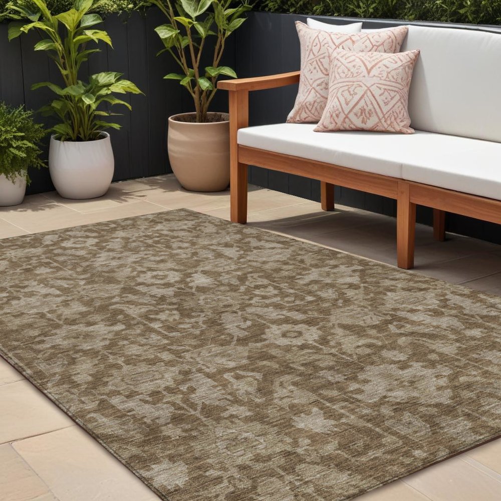 10' X 14' Brown And Beige Floral Washable Indoor Outdoor Area Rug HomeRoots