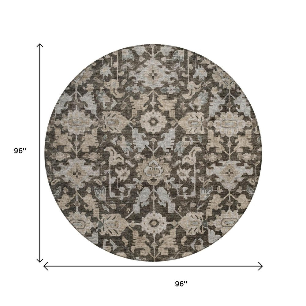 8' Chocolate And Gray Round Floral Washable Indoor Outdoor Area Rug — view 7