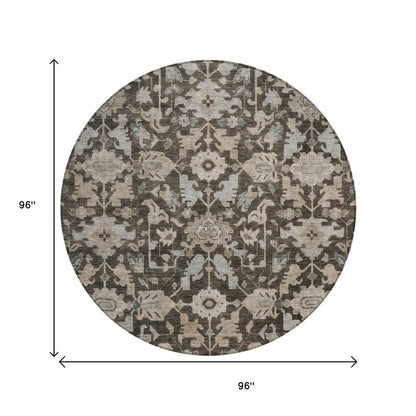 8' Chocolate And Gray Round Floral Washable Indoor Outdoor Area Rug