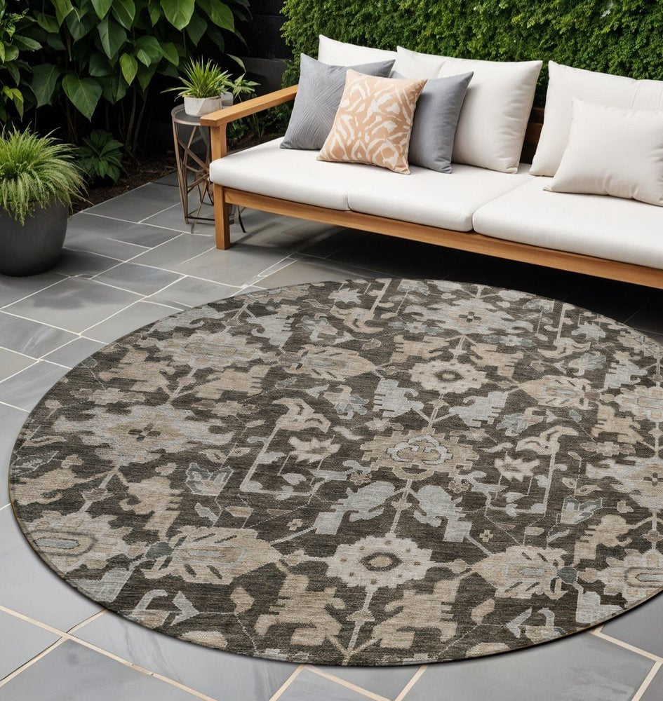 8' Chocolate And Gray Round Floral Washable Indoor Outdoor Area Rug HomeRoots