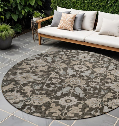 8' Chocolate And Gray Round Floral Washable Indoor Outdoor Area Rug HomeRoots