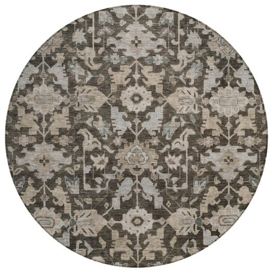 8' Chocolate And Gray Round Floral Washable Indoor Outdoor Area Rug
