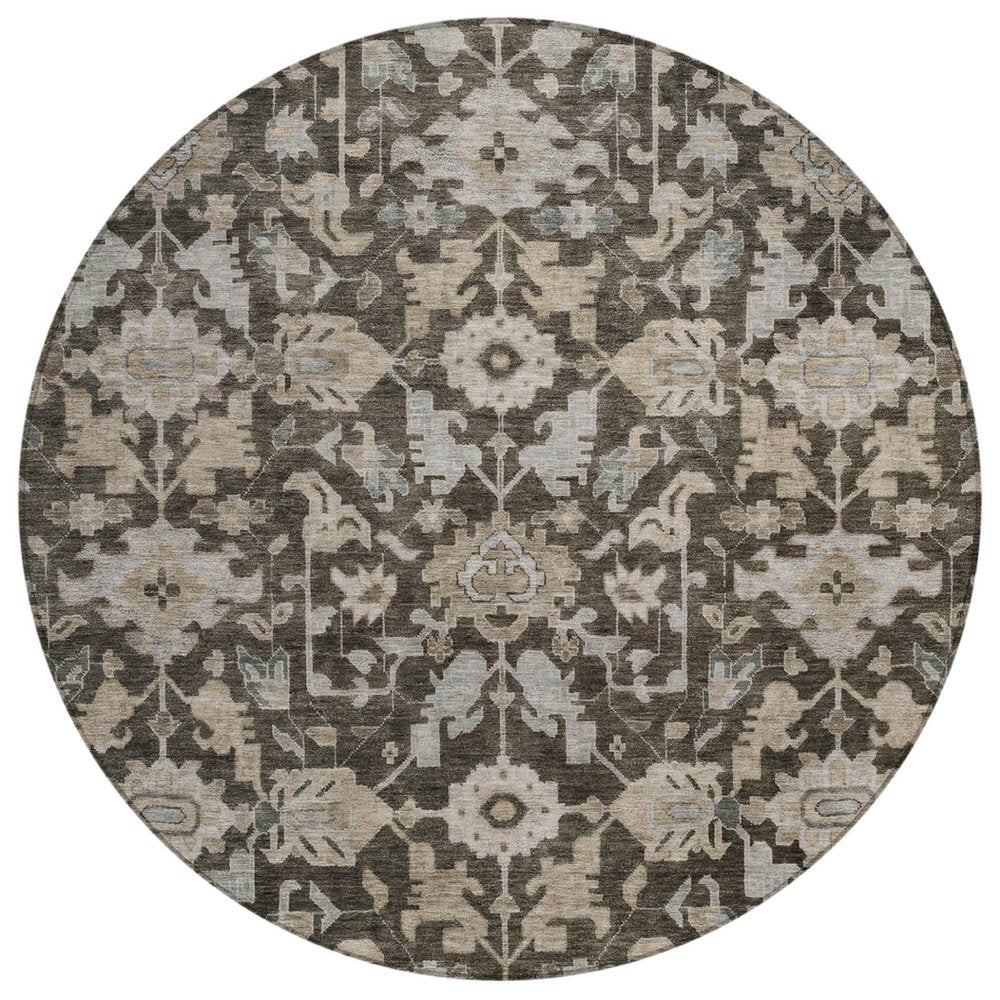 8' Chocolate And Gray Round Floral Washable Indoor Outdoor Area Rug — view 1