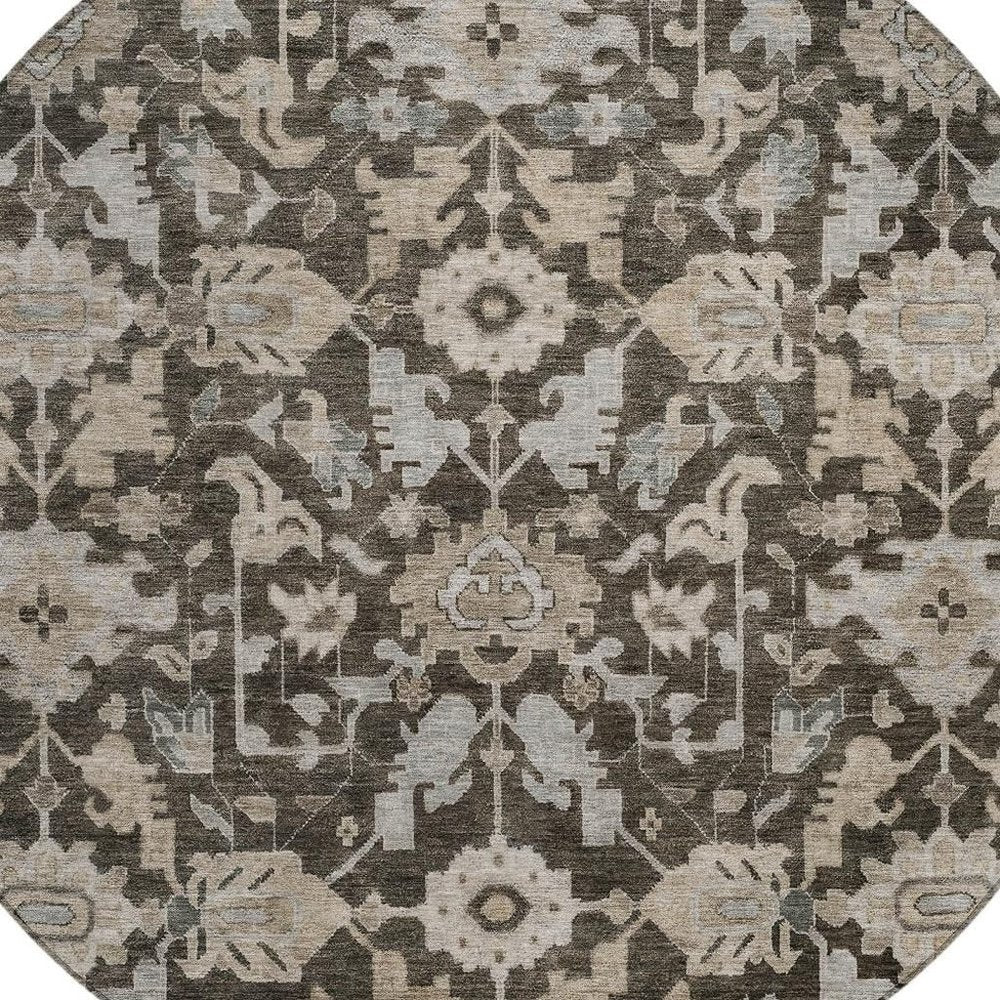8' Chocolate And Gray Round Floral Washable Indoor Outdoor Area Rug HomeRoots