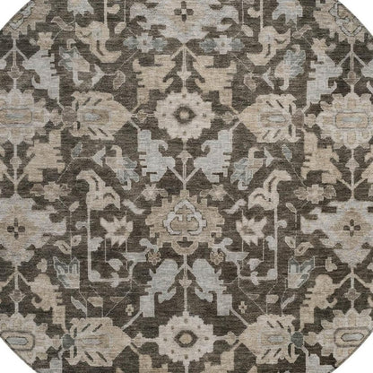 8' Chocolate And Gray Round Floral Washable Indoor Outdoor Area Rug HomeRoots