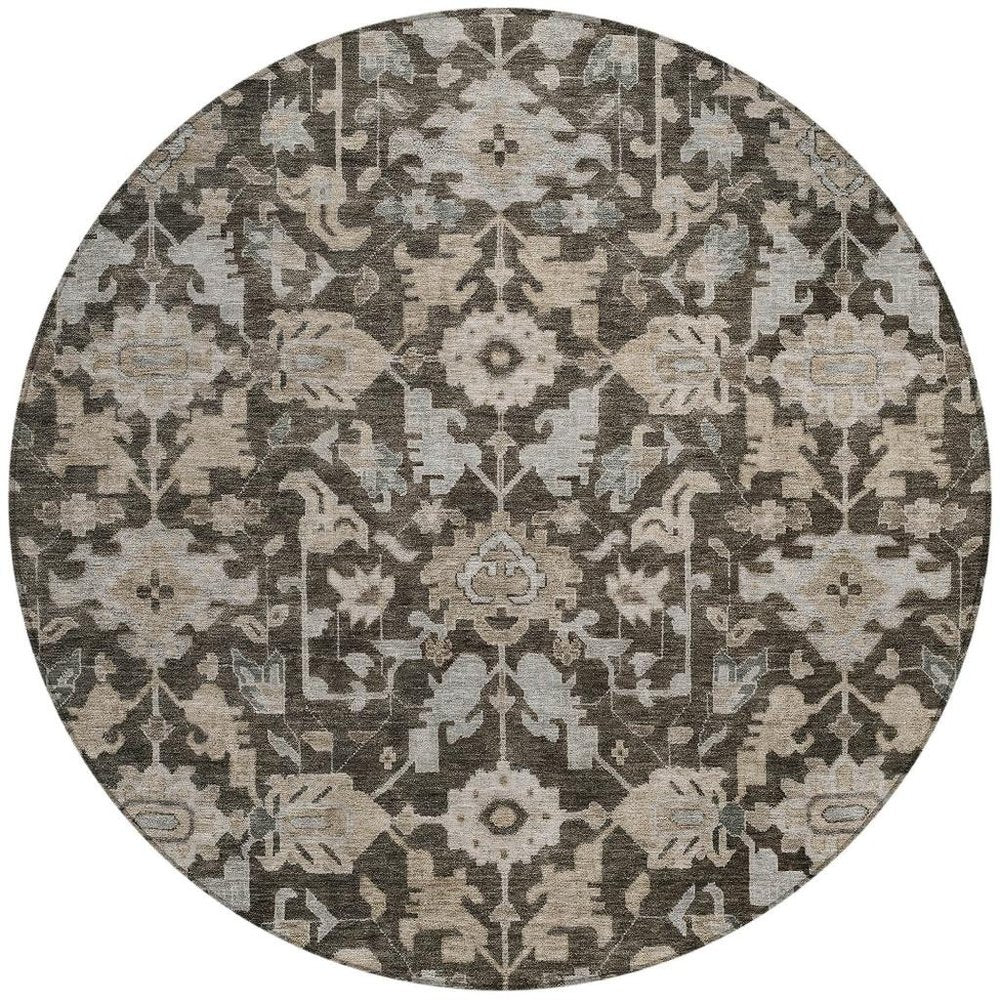 8' Chocolate And Gray Round Floral Washable Indoor Outdoor Area Rug HomeRoots
