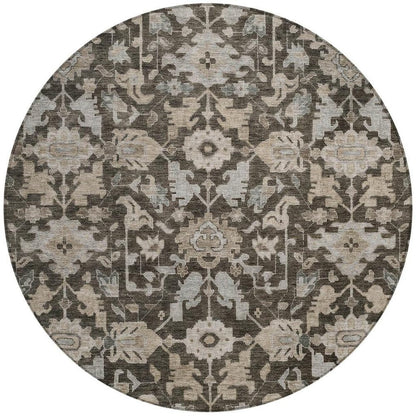 8' Chocolate And Gray Round Floral Washable Indoor Outdoor Area Rug HomeRoots