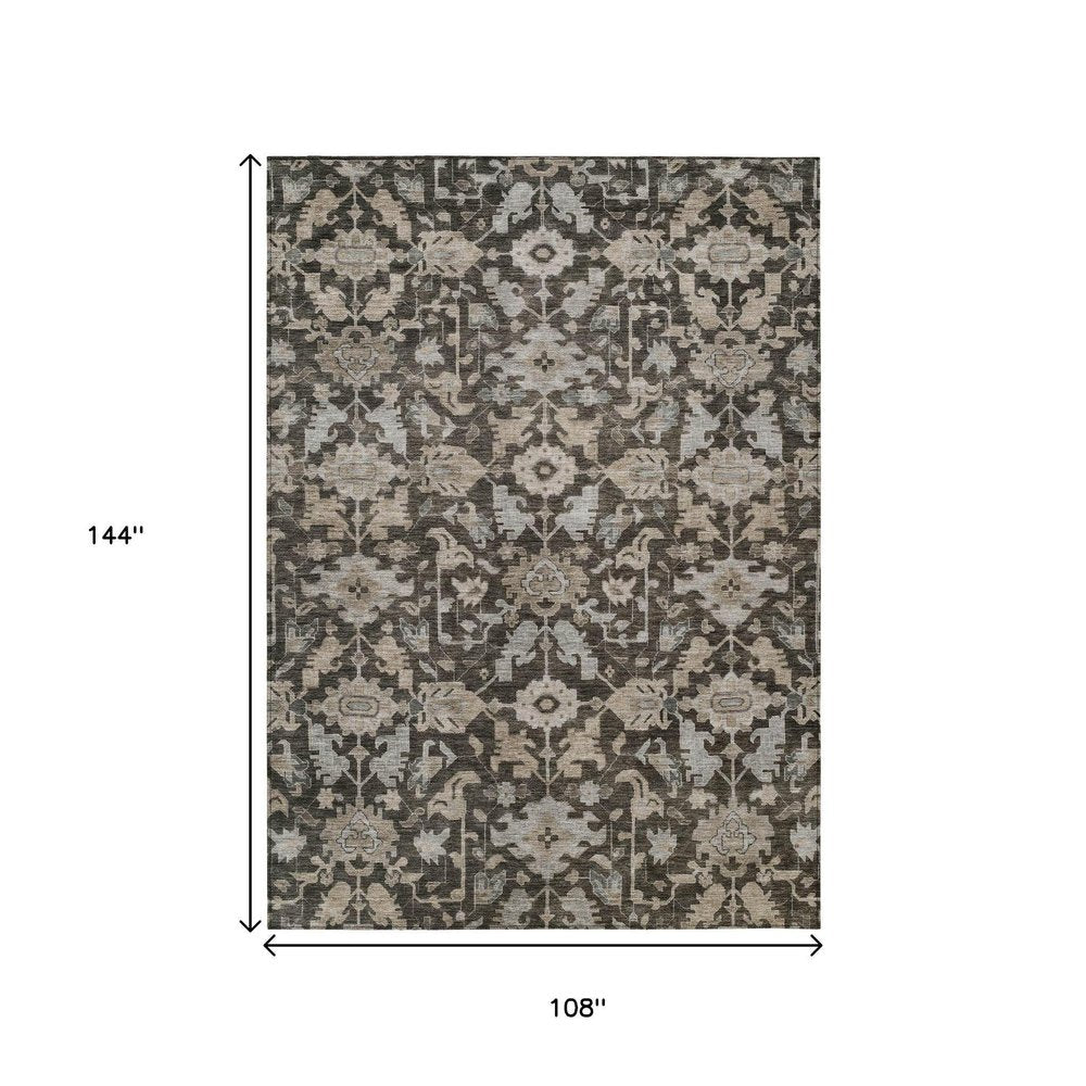 9' X 12' Chocolate And Gray Floral Washable Indoor Outdoor Area Rug HomeRoots