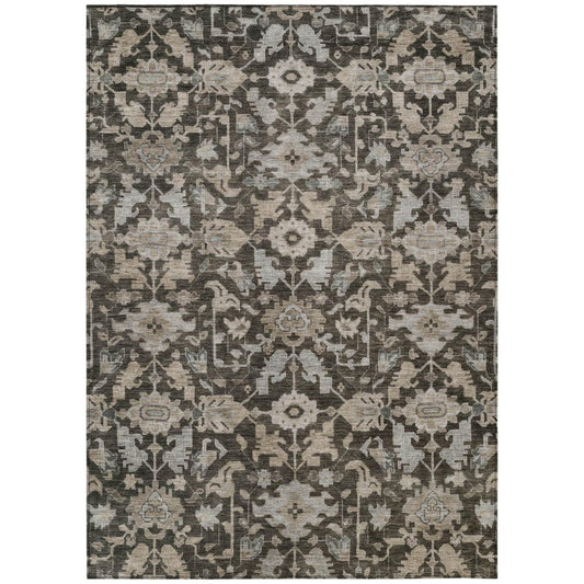 9' X 12' Chocolate And Gray Floral Washable Indoor Outdoor Area Rug