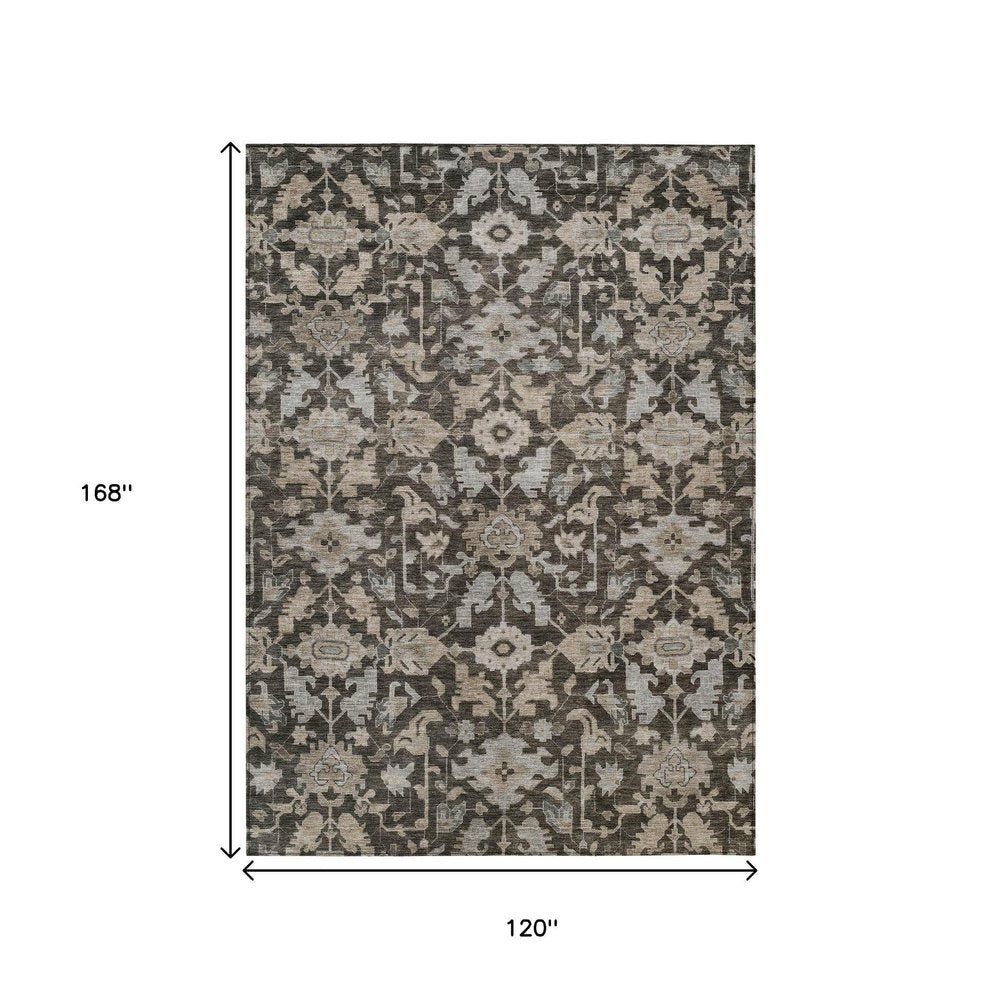 10' X 14' Chocolate And Gray Floral Washable Indoor Outdoor Area Rug HomeRoots