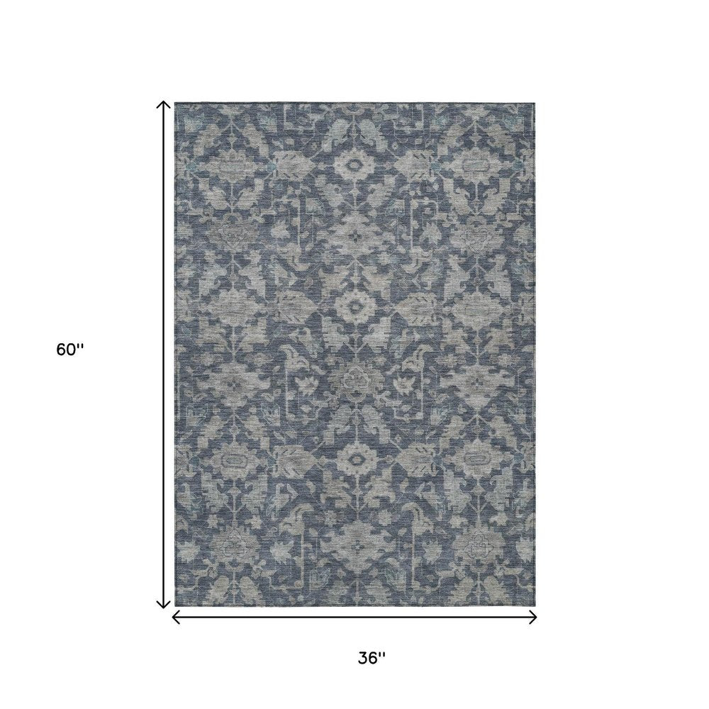 3' X 5' Denim Blue And Silver Floral Washable Indoor Outdoor Area Rug — view 5
