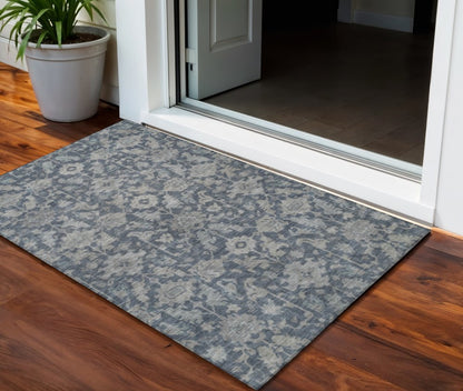 3' X 5' Denim Blue And Silver Floral Washable Indoor Outdoor Area Rug HomeRoots