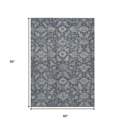5' X 8' Denim Blue And Silver Floral Washable Indoor Outdoor Area Rug HomeRoots