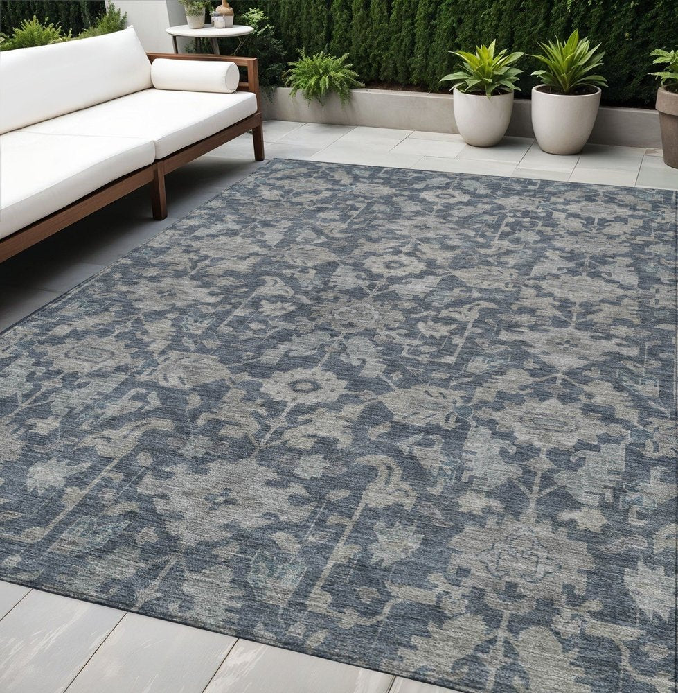 5' X 8' Denim Blue And Silver Floral Washable Indoor Outdoor Area Rug — view 8