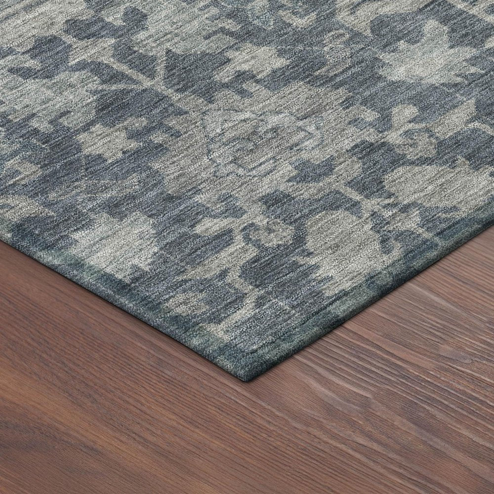 5' X 8' Denim Blue And Silver Floral Washable Indoor Outdoor Area Rug