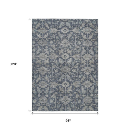 8' X 10' Denim Blue And Silver Floral Washable Indoor Outdoor Area Rug HomeRoots