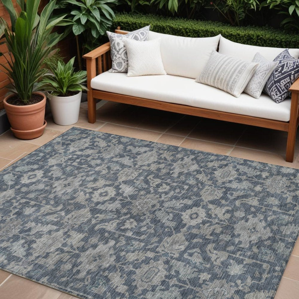 8' X 10' Denim Blue And Silver Floral Washable Indoor Outdoor Area Rug HomeRoots