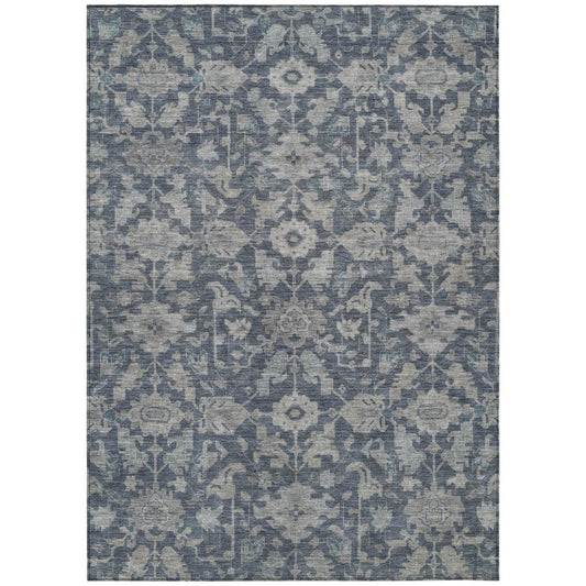 8' X 10' Denim Blue And Silver Floral Washable Indoor Outdoor Area Rug