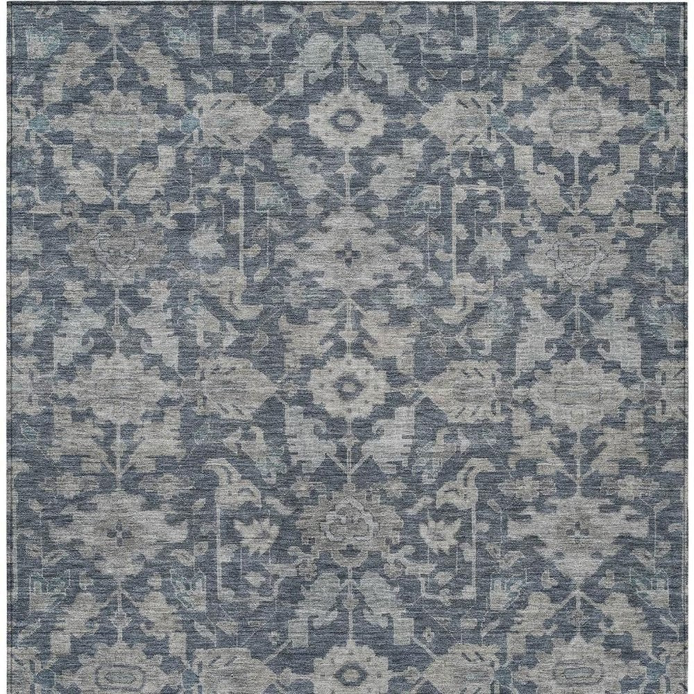 10' X 14' Denim Blue And Silver Floral Washable Indoor Outdoor Area Rug — view 6
