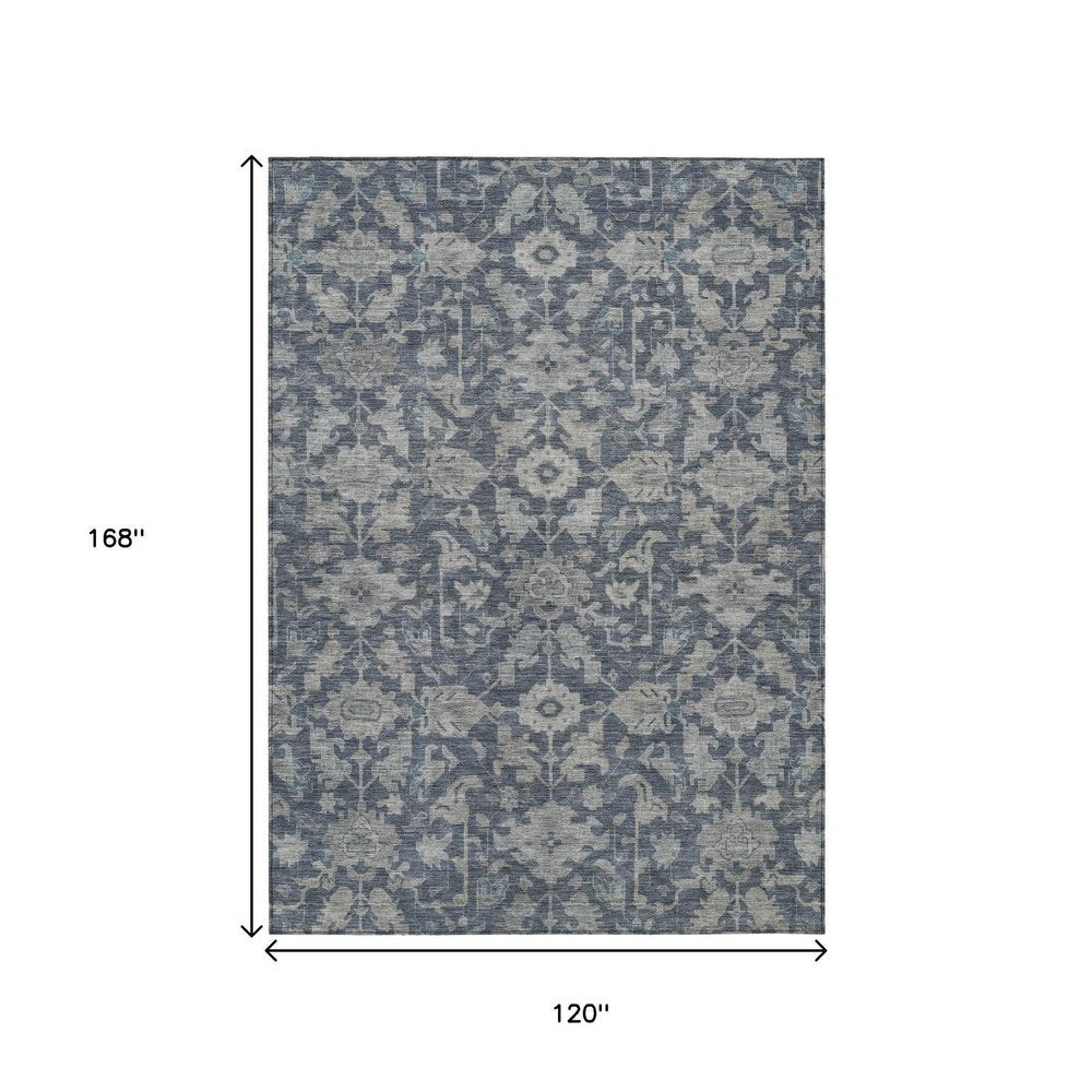 10' X 14' Denim Blue And Silver Floral Washable Indoor Outdoor Area Rug — view 7