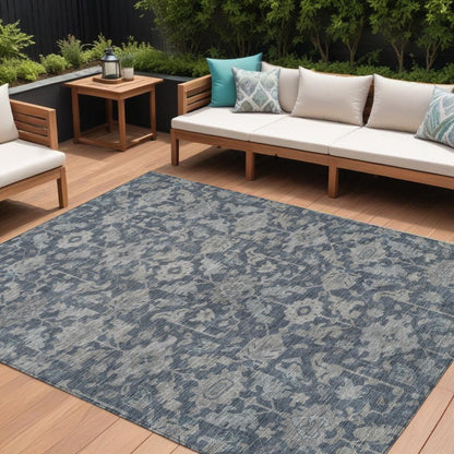 10' X 14' Denim Blue And Silver Floral Washable Indoor Outdoor Area Rug HomeRoots