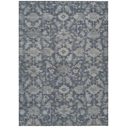 10' X 14' Denim Blue And Silver Floral Washable Indoor Outdoor Area Rug HomeRoots