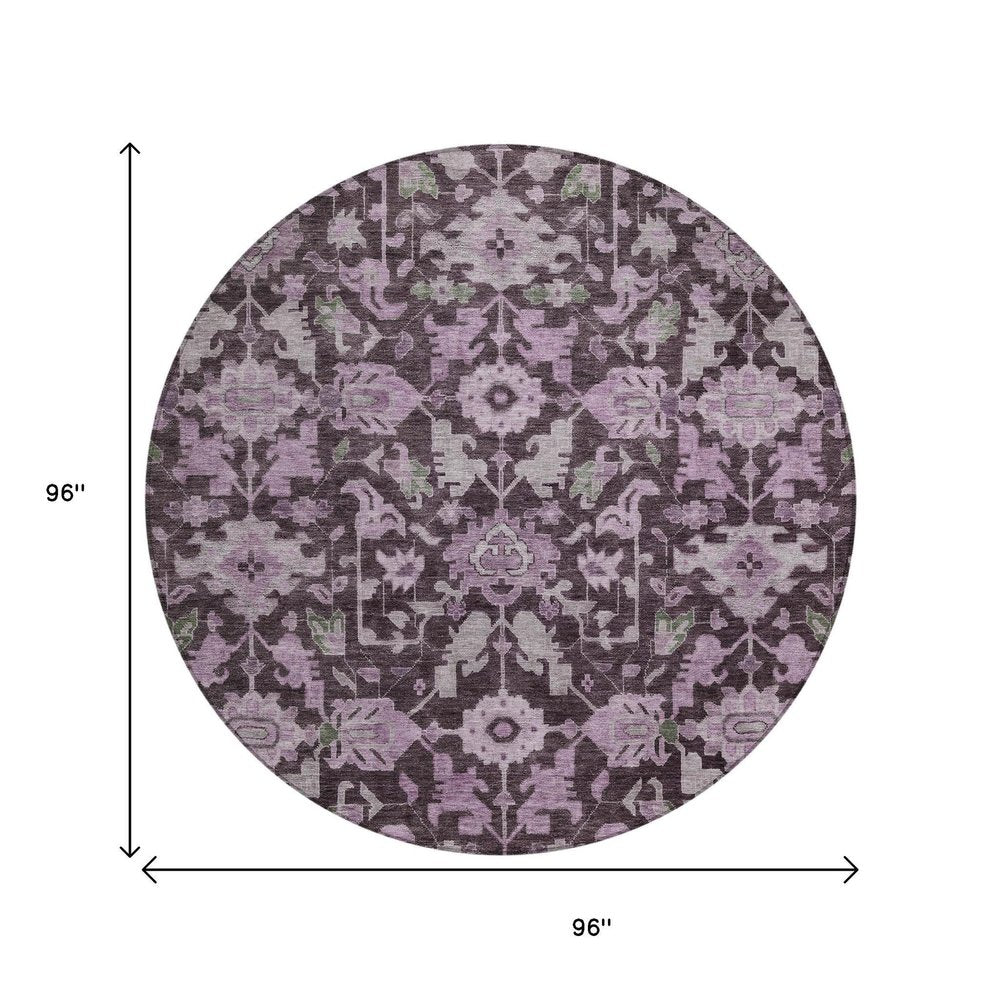 8' Eggplant And Gray Round Floral Washable Indoor Outdoor Area Rug — view 7