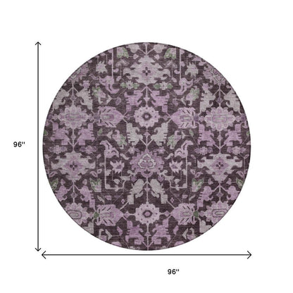 8' Eggplant And Gray Round Floral Washable Indoor Outdoor Area Rug