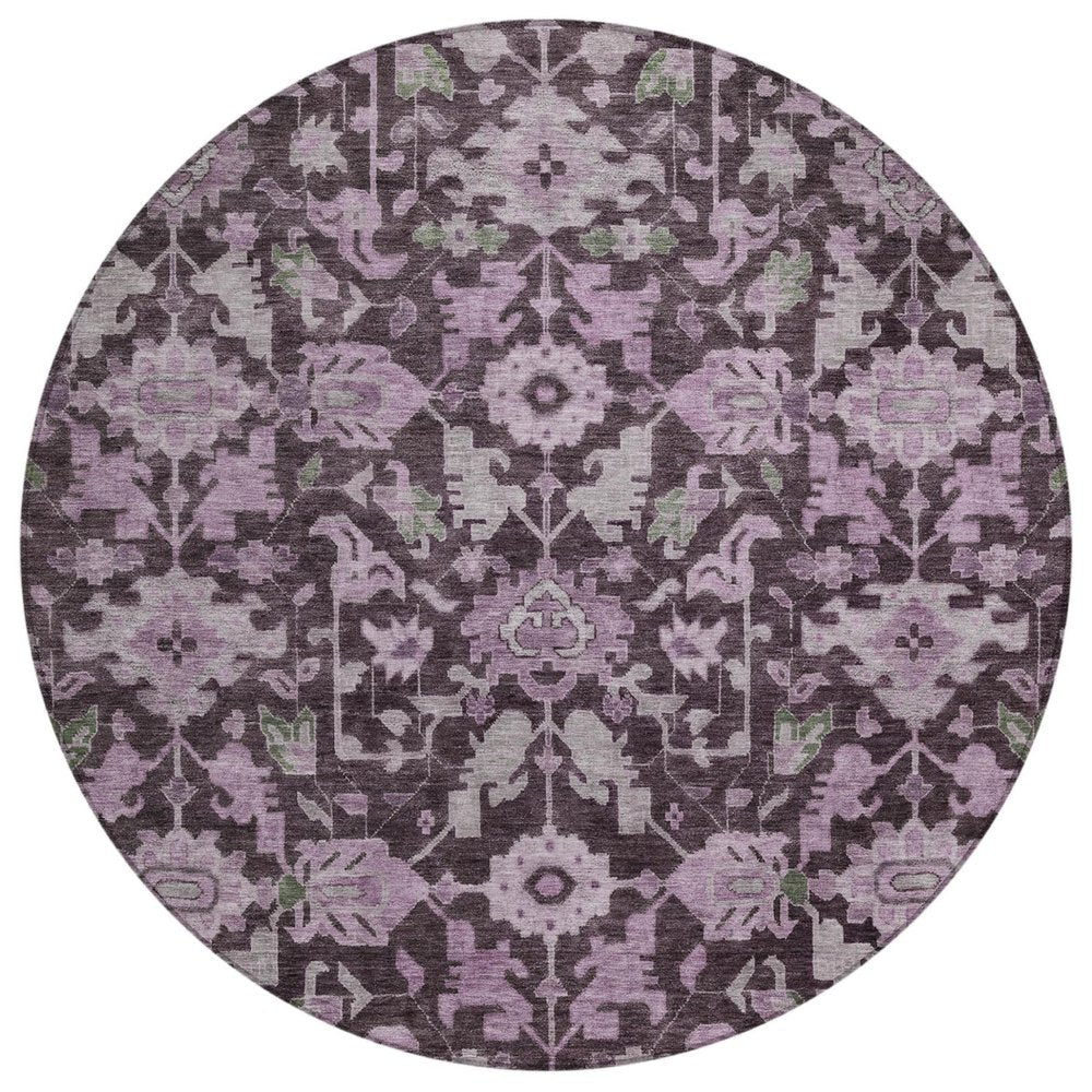 8' Eggplant And Gray Round Floral Washable Indoor Outdoor Area Rug — view 1