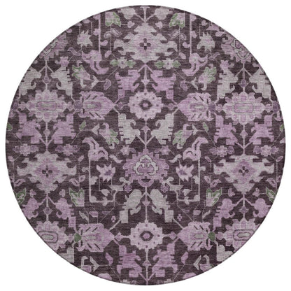 8' Eggplant And Gray Round Floral Washable Indoor Outdoor Area Rug