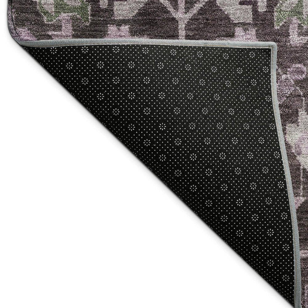 8' Eggplant And Gray Round Floral Washable Indoor Outdoor Area Rug