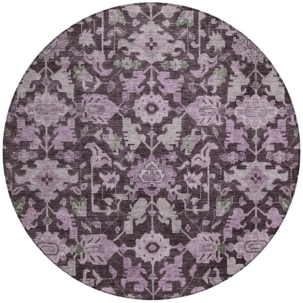 8' Eggplant And Gray Round Floral Washable Indoor Outdoor Area Rug HomeRoots