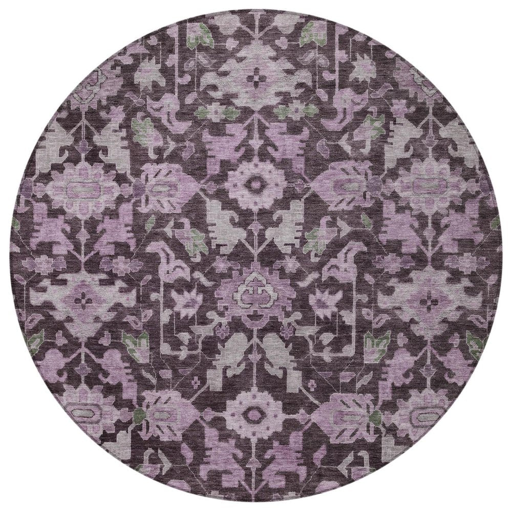 8' Eggplant And Gray Round Floral Washable Indoor Outdoor Area Rug — view 6