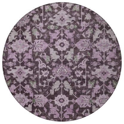 8' Eggplant And Gray Round Floral Washable Indoor Outdoor Area Rug HomeRoots