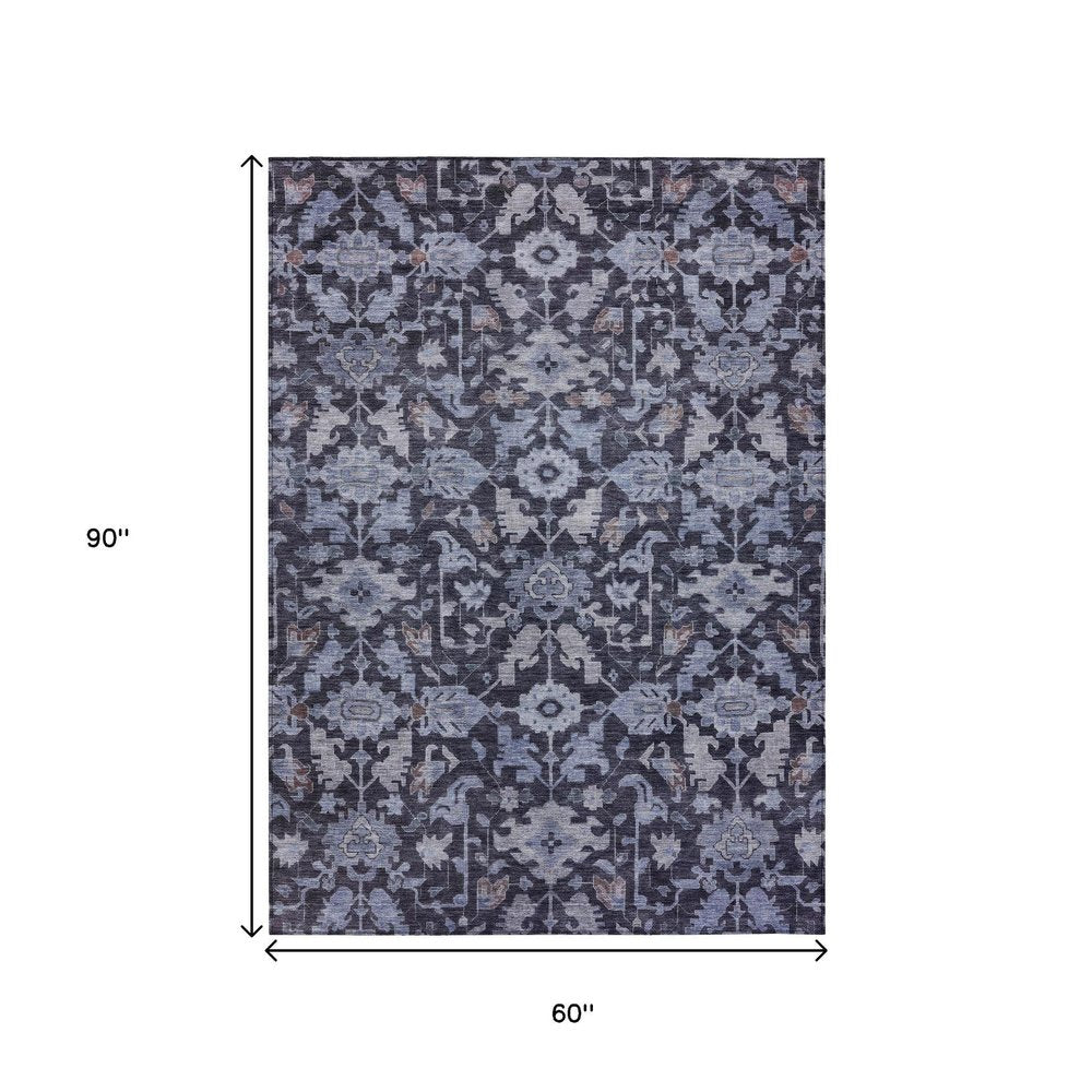 5' X 8' Navy Blue And Plum Floral Washable Indoor Outdoor Area Rug — view 7