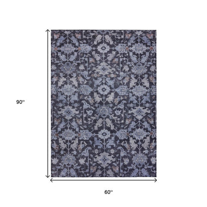 5' X 8' Navy Blue And Plum Floral Washable Indoor Outdoor Area Rug HomeRoots