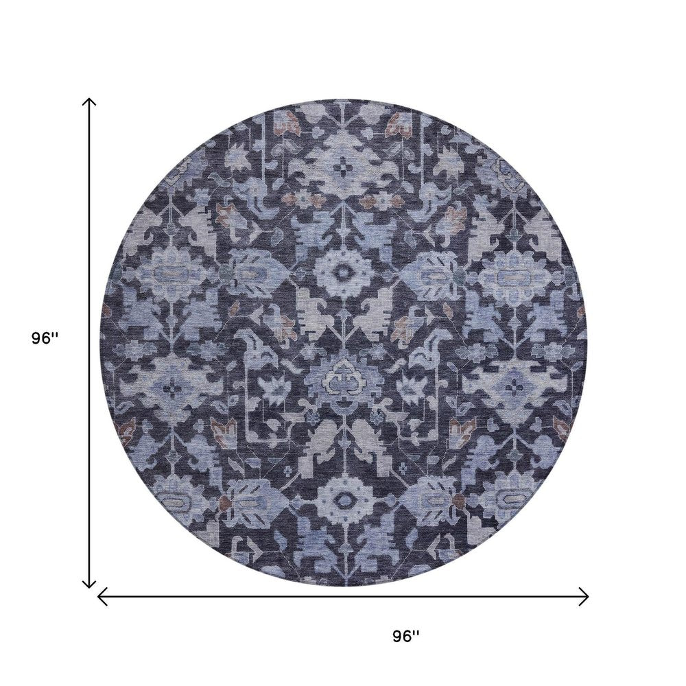 8' Navy Blue And Plum Round Floral Washable Indoor Outdoor Area Rug — view 5