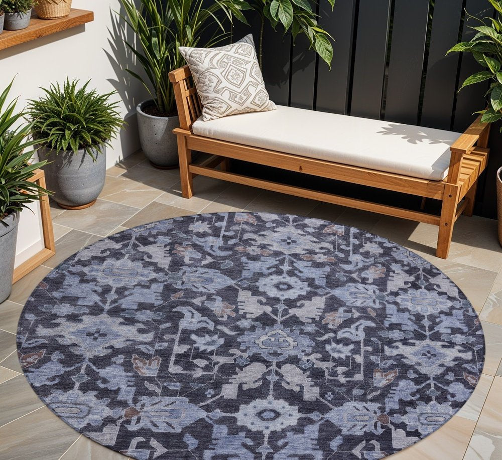 8' Navy Blue And Plum Round Floral Washable Indoor Outdoor Area Rug — view 6