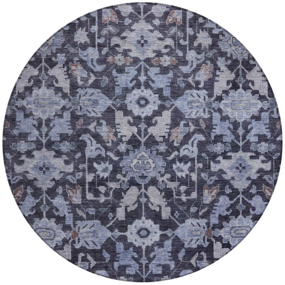 8' Navy Blue And Plum Round Floral Washable Indoor Outdoor Area Rug — view 4