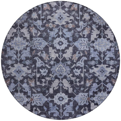 8' Navy Blue And Plum Round Floral Washable Indoor Outdoor Area Rug HomeRoots