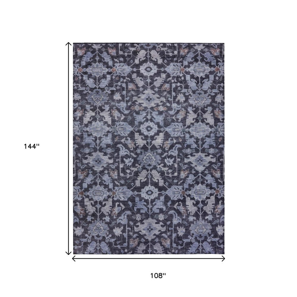 9' X 12' Navy Blue And Plum Floral Washable Indoor Outdoor Area Rug — view 3