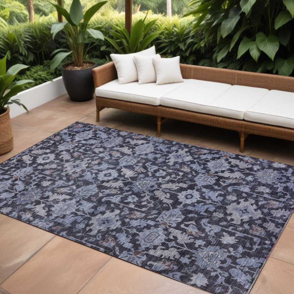 9' X 12' Navy Blue And Plum Floral Washable Indoor Outdoor Area Rug HomeRoots