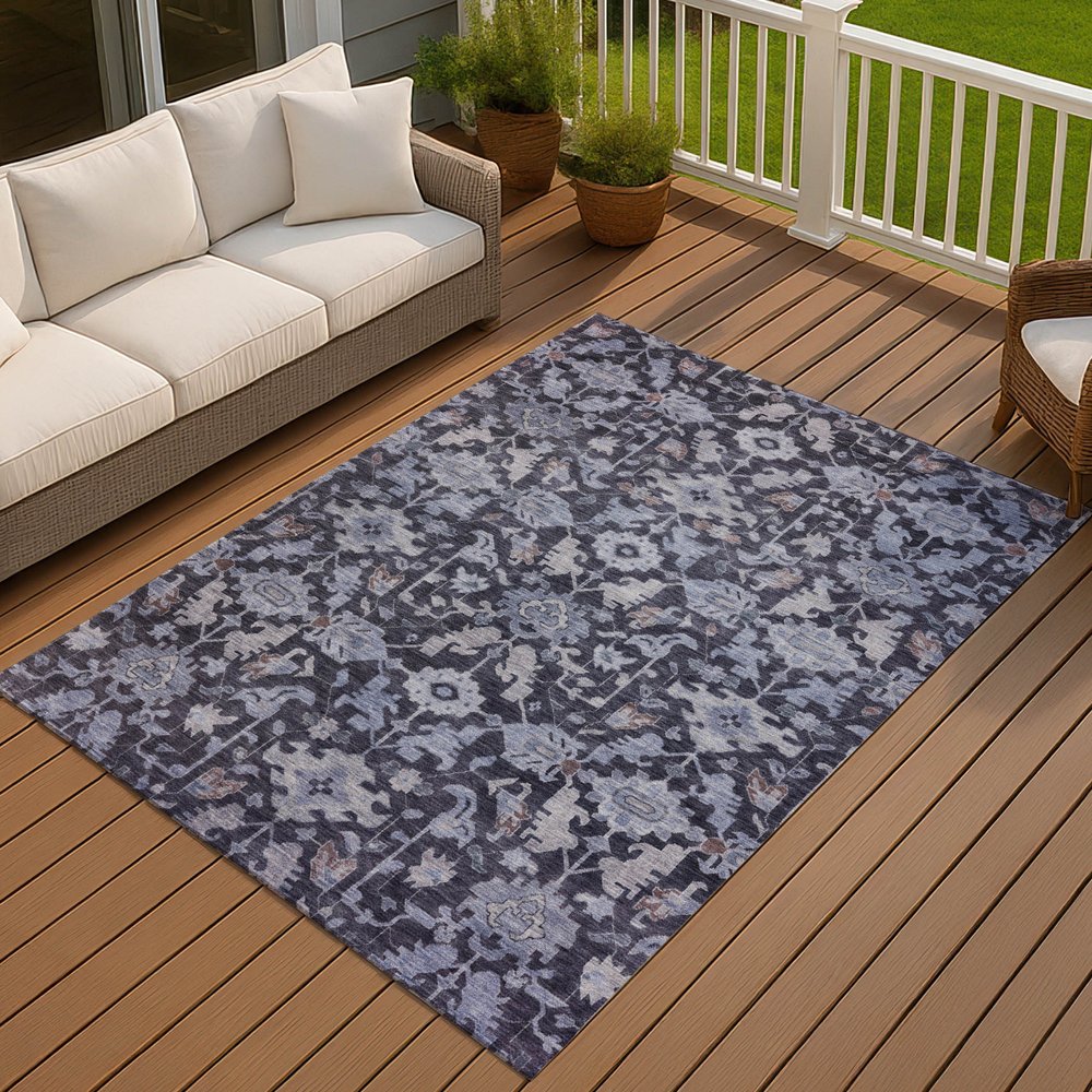 9' X 12' Navy Blue And Plum Floral Washable Indoor Outdoor Area Rug — view 6