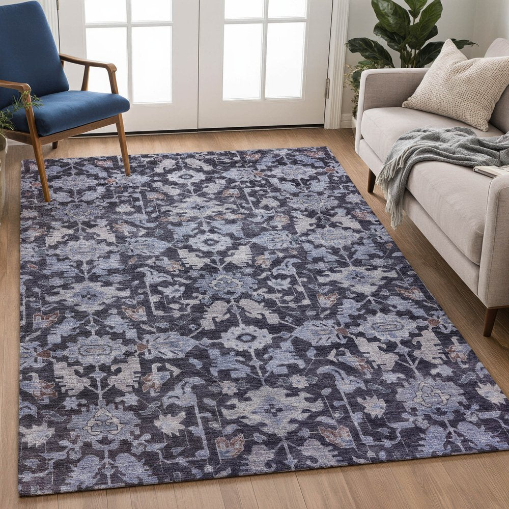 9' X 12' Navy Blue And Plum Floral Washable Indoor Outdoor Area Rug — view 7