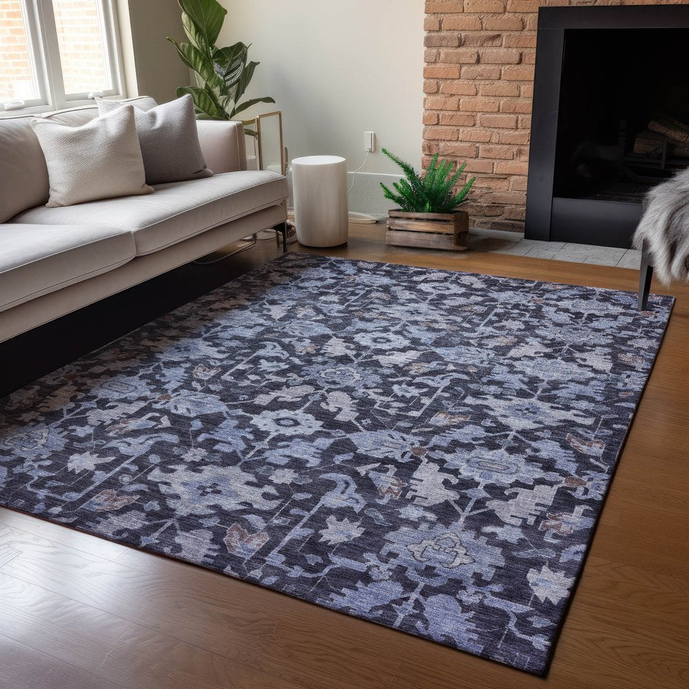 9' X 12' Navy Blue And Plum Floral Washable Indoor Outdoor Area Rug — view 8